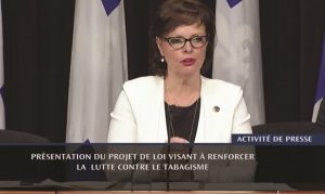 La ministre déléguée à la Réadaptation, à la Protection de la jeunesse et à la Santé publique, madame Lucie Charlebois, a présenté en mai un projet de loi qui renforcera la Loi sur le tabac.