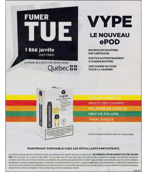 Les publicités pour la cigarette électronique Vype, publiées dans le Journal de Montréal